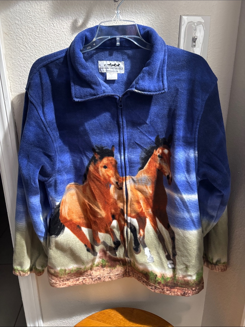 Back in the Saddle Women’s Blue Fleece Jacket with Horses L